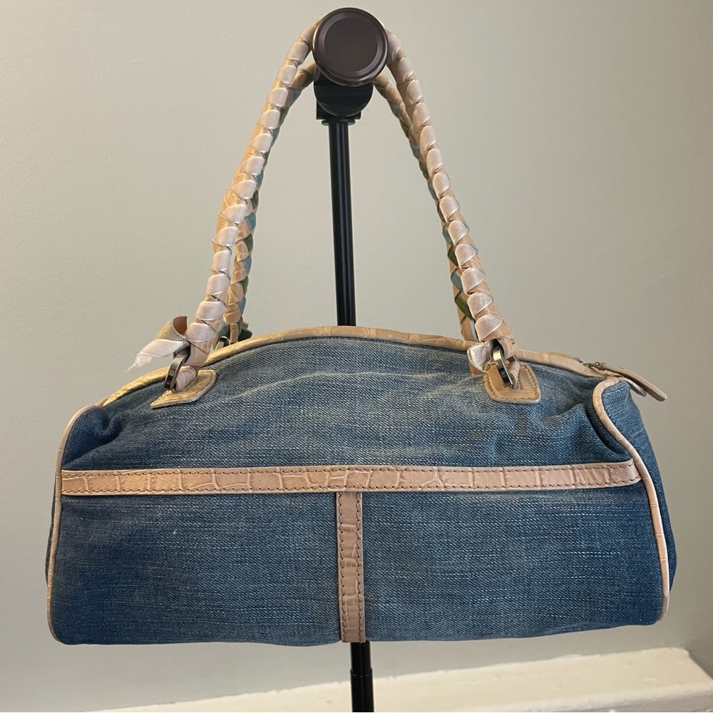 Vintage Malo denim rectangular barrel bag with beaded straps.